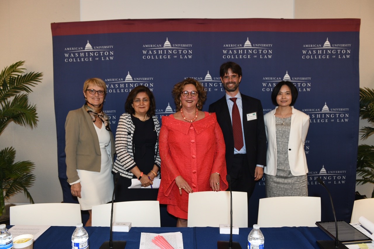 Left to right: Hélène Ruiz Fabri, Director Max Planck Institute Luxembourg (Previous Dean University of Sorbonne I); Padideh Ala’i, Director of International and Comparative Legal Studies at AUWCL; Gabrielle Marceau, former SIEL President; Holger Hestermeyer, former SIEL Executive Vice President; and Shin-yi Peng, SIEL Executive Vice President.