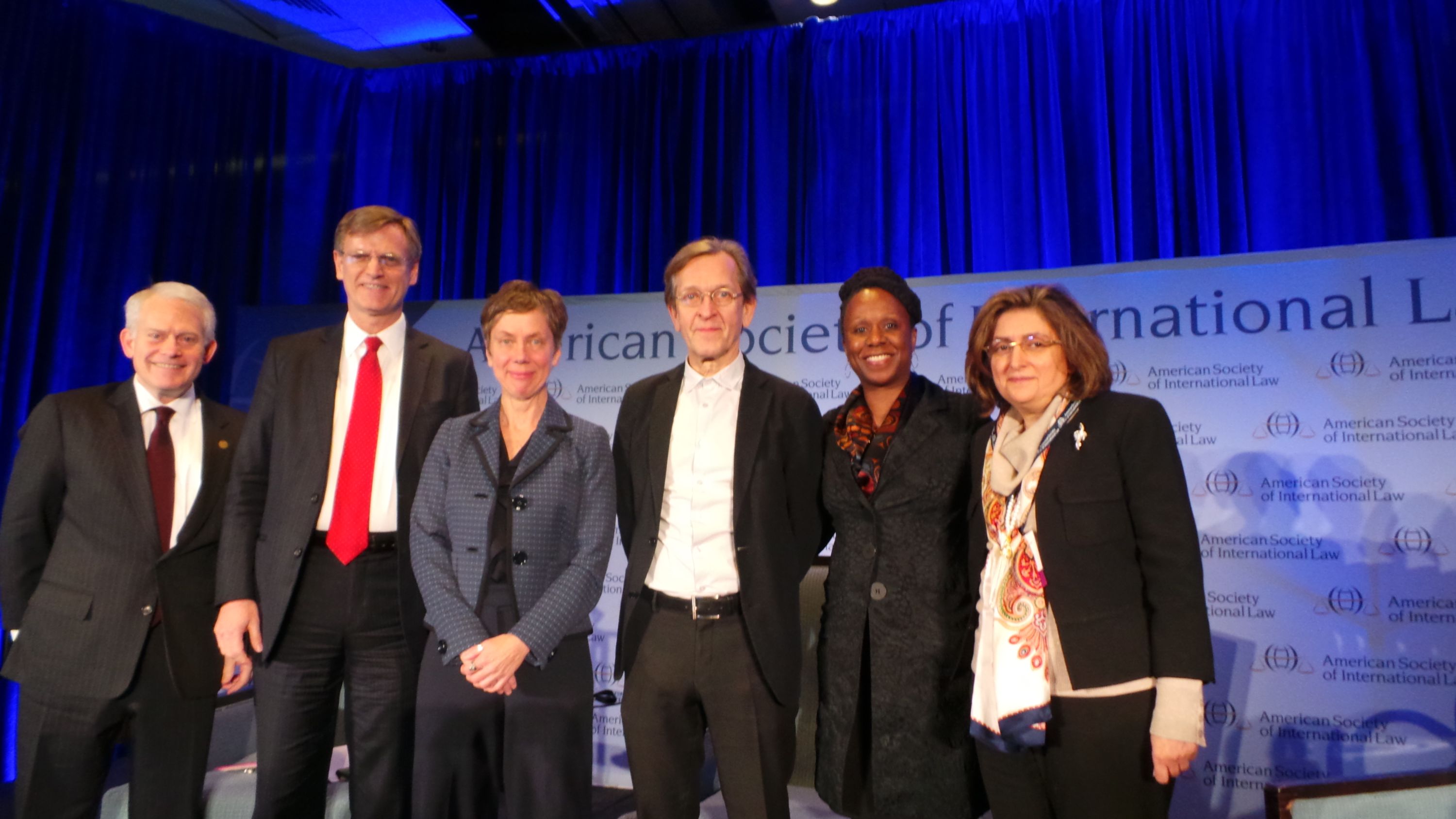 From left to right: Mark Agrast, Executive Director of ASIL; Sean D. Murphy, President of ASIL; Anne Orford, Distinguished Discussant; Martti Koskenniemi, Grotius Lectureri; Dean Camille Nelson, AUWCL; Professor Padideh Ala'i, Director, International & Comparative Legal Studies, AUWCL