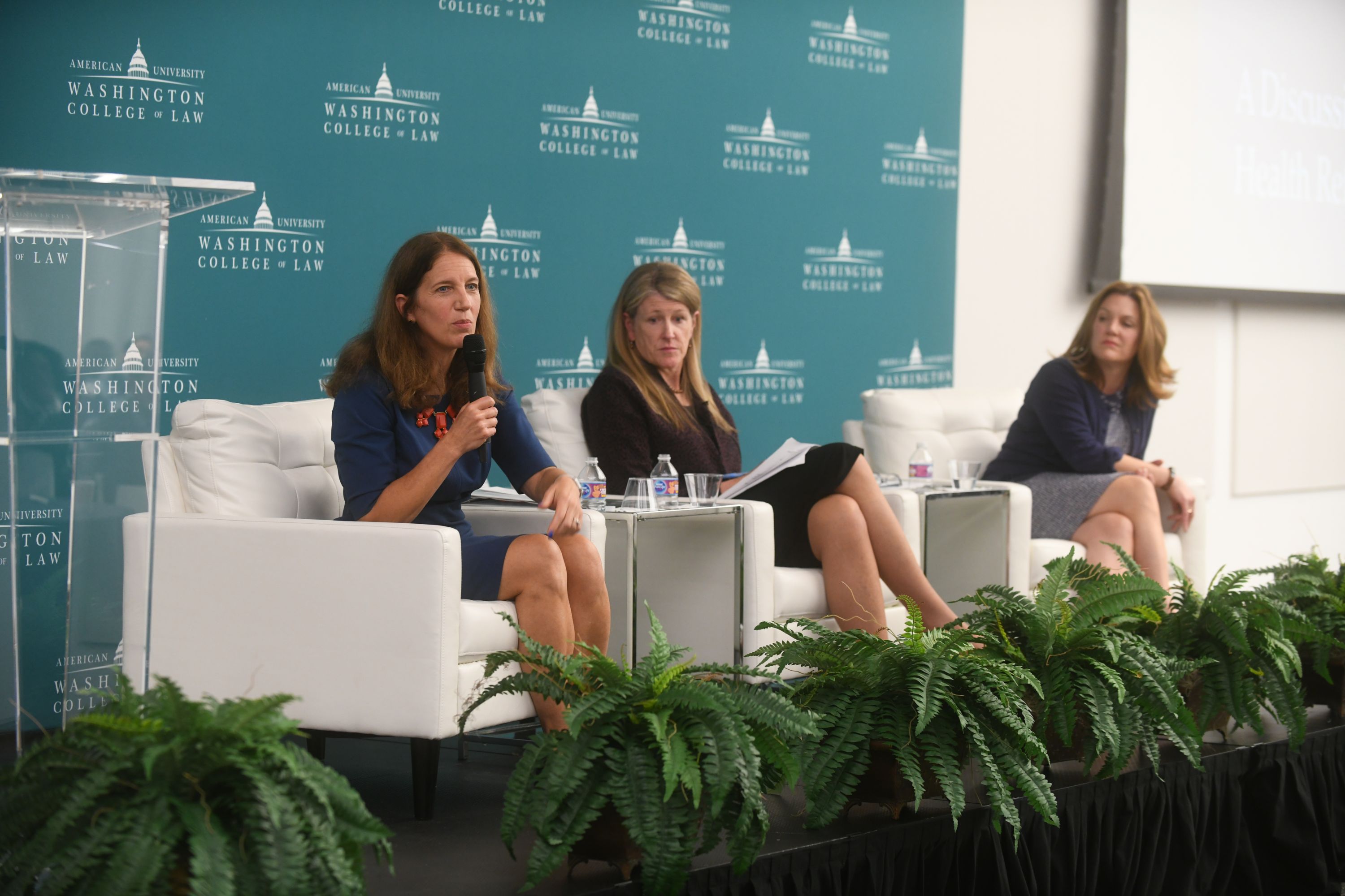 Former U.S. Secretary of Health and Human Services and American University President Sylvia M. Burwell leads a plenary session with Maine Health and Human Services Commissioner Jeanne Lambrew and Wisconsin Secretary of Health Services Andrea Palm. 