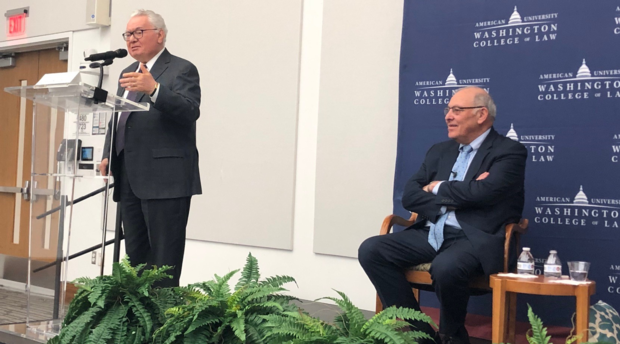 Professor Thomas Buergenthal addresses the crowd during his conversation with Professor and Dean Emeritus Claudio Grossman. 