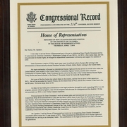 A plaque from Congresswoman Eleanor Holmes Norton honoring Dean Grossman's service