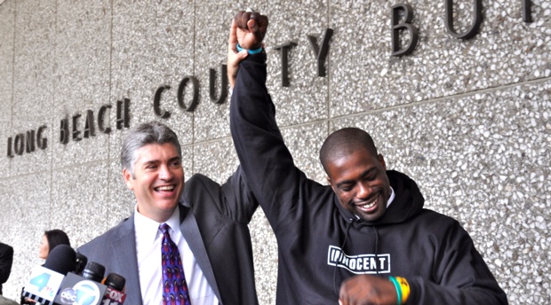 Justin Brooks with his California Innocence Project client Brian Banks. Photo Credit: Heidi Cruise Brooks