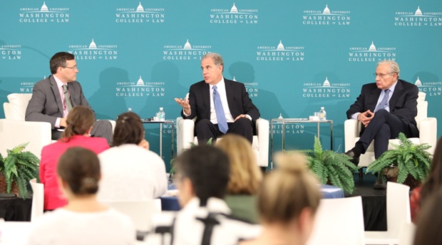 Fernando Laguarda, director of the Program on Law and Government, leads a discussion with Chair of hte Council of IGs Michael Horowitz and author and Washington Post Associate Editor Bob Woodward. 