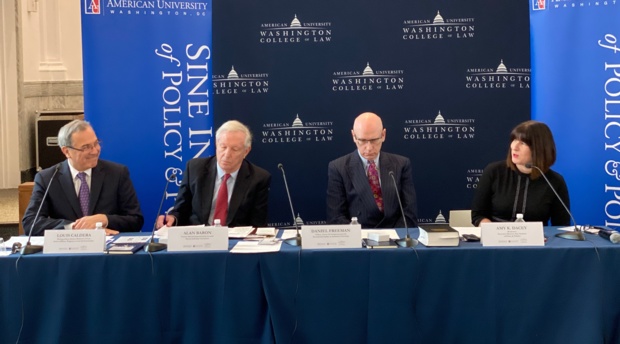 AUWCL Distinguished Adjunct Professor of Law Louis Caldera; ormer Special Impeachment Counsel for the House Judiciary Committee Alan Baron; Research Fellow in Residence at CCPS Daniel Freeman; and Sine Institute Executive Director Amy Dacey. 