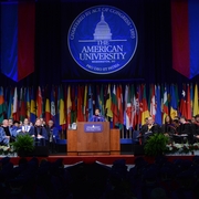Attorney General Lynch addresses graduates and families at AUWCL's 131st Commencement.