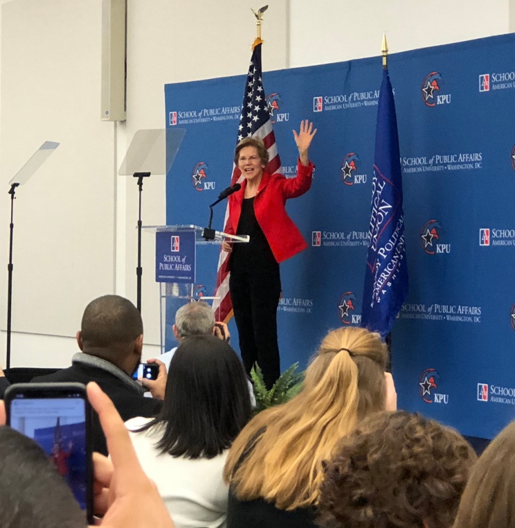 Sen. Elizabeth Warren takes the stage at her address Thursday, Nov. 29 at American University Washington College of Law.