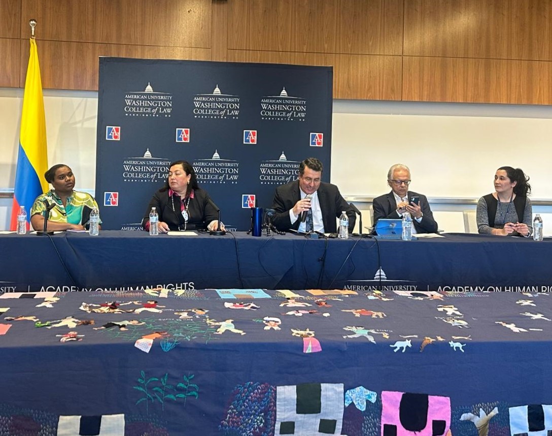 From left to right, Andrea Lloreda, Counselor of Foreign Relations, Embassy of Colombia to the USA; Andrea Alarcón, Charge D’Affairs Colombia’s Permanent Mission to the OAS; Diego Rodríguez Pinzon, Co-Director of the Academy on Human Rights; Andrés González, Visiting Scholar-in-Residence and Former Ambassador of Colombia to the OAS, and Adriana Buenaventura-Martínez, Senior Coordinator Academy of Human Rights. From left to right, Andrea Lloreda, Counselor of Foreign Relations, Embassy of Colombia to the USA; Andrea Alarcón, Charge D’Affairs Colombia’s Permanent Mission to the OAS; Diego Rodríguez Pinzon, Co-Director of the Academy on Human Rights; Andrés González, Visiting Scholar-in-Residence and Former Ambassador of Colombia to the OAS, and Adriana Buenaventura-Martínez, Senior Coordinator Academy of Human Rights.