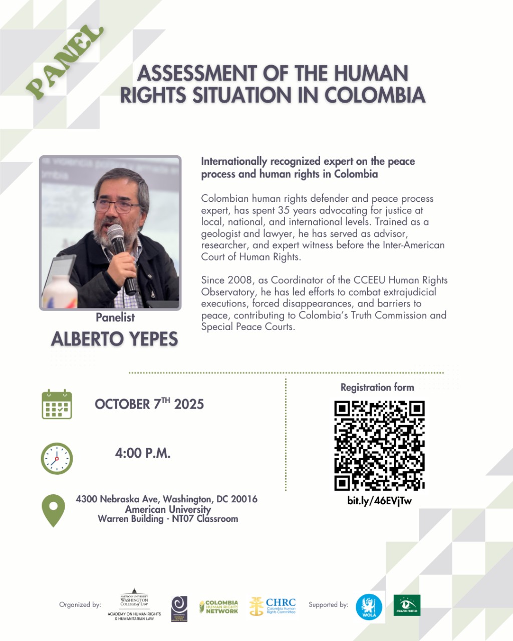 Flyer of Event: Assessment of the Human Rights Situation in Colombia – A Conversation with Alberto Yepes