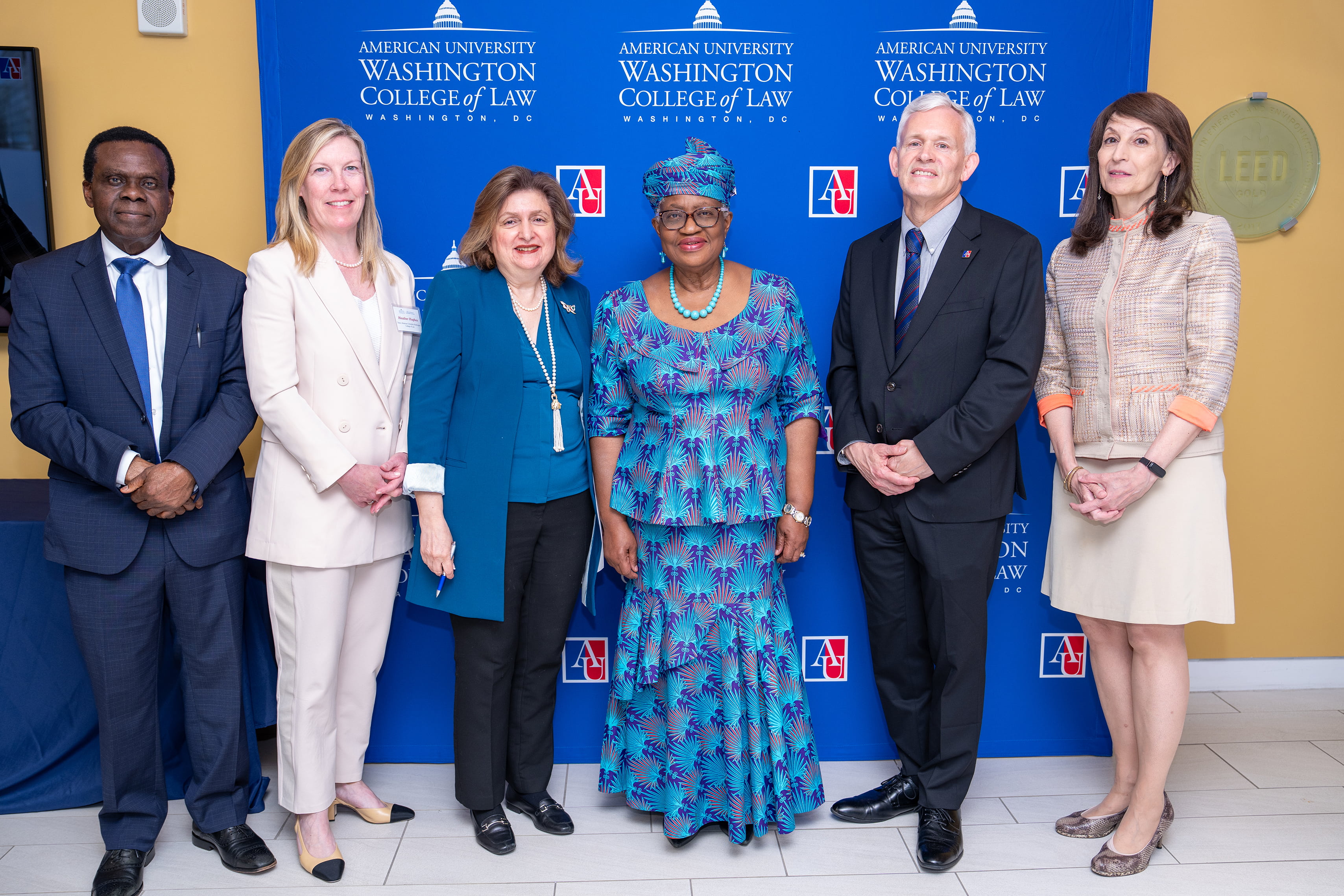 From left to right: Bright Okogu, Interim Dean Heather Hughes, Prof. Padideh Ala'i, Dr. Ngozi Okonjo-Iweala, Pres. Jonathan Alger, Angela Paolini Ellard
