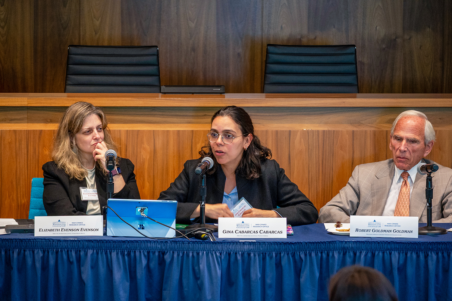 Gina Cabarcas addresses war crimes issues in Latin America during the closing panel of the WCRO's 30th Anniversary Symposium. Gina Cabarcas addresses war crimes issues in Latin America during the closing panel of the WCRO's 30th Anniversary Symposium.