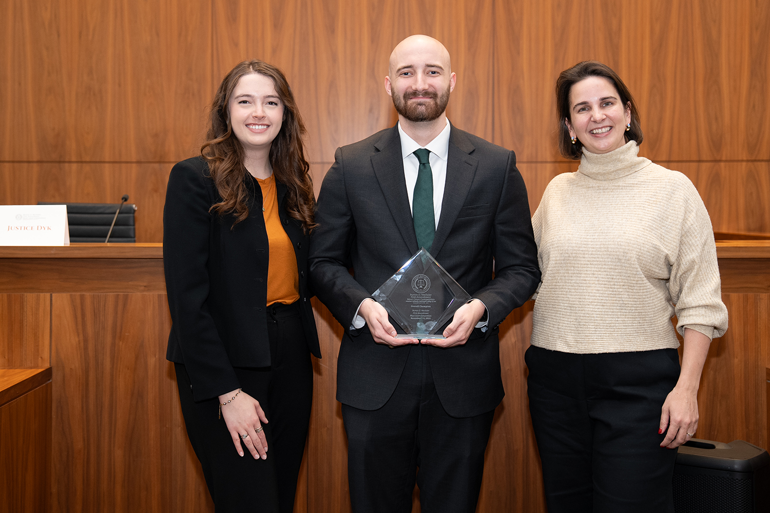 2025 Burton Wechsler First Amendment Moot Court Competition champions Rachel Medina (Left) and Phillip Ackermann (Center). 2025 Burton Wechsler First Amendment Moot Court Competition champions Rachel Medina (Left) and Phillip Ackermann (Center).